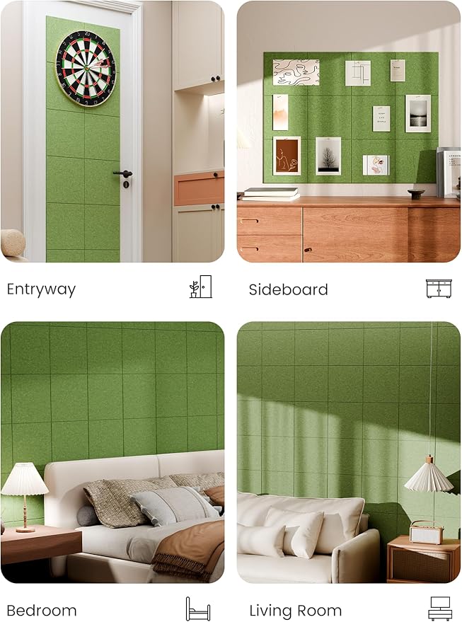 Bumusty Large Cork Board 48" x 36" Alternative - 12 Pack Felt Wall Tiles with 70 Safe Removable Adhesive Tabs, 30 Pushpins, Cork Boards for Walls Pin Board Bulletin Board Office Decor (Kelly Green)