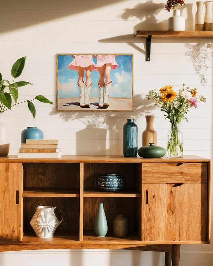 Western Cowgirl Boots Pink Dress Summer Painting Print, 12x16 Inch Framed Canvas Wall Art, Retro Country Style Artwork Living Room Bedroom Office Farmhouse Modern Home Decor