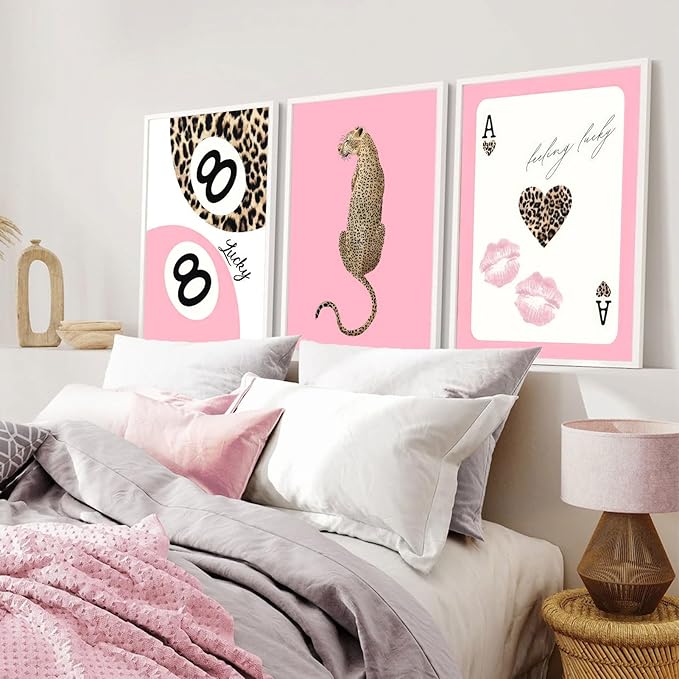 Set of 3 Trendy Pink Leopard Wall Art Cheetah Lucky 8 Ball Posters Prints Preppy Cheetah Aesthetic Wall Decor Pictures for Girly Bedroom Apartment Dorm Decoration Unframed 16x24in
