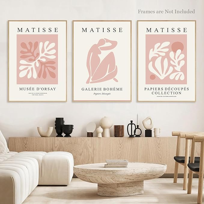Djmwtb Matisse Abstract Canvas Wall Art Set of 3 Pink Flower Market Poster Prints Modern Aesthetic Pictures Minimalist Wall Decor Painting for Living Room Bedroom Bathroom 16"x24"x3 Unframed