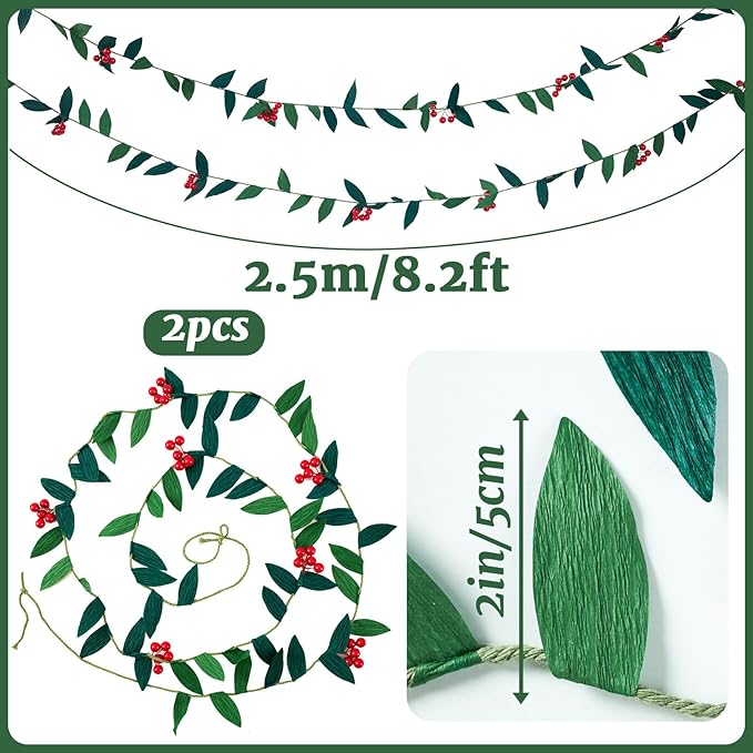 Christmas Banner Garlands 2 Pcs, with Handcrafted Paper Leaves and Decorative Red Berries, Paper Greenery Garland Banner for Xmas Indoor Home Office Decorations