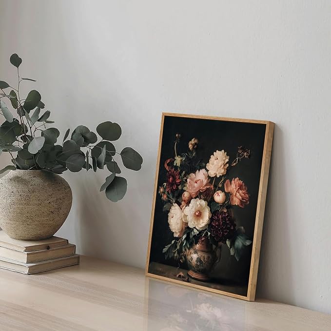 Framed Vintage Dark Floral Wall Art Moody Flower Picture Wall Decor Retro Antique Still Life Painting Print Artwork for Bedroom Bathroom Home Decoration 8x10in