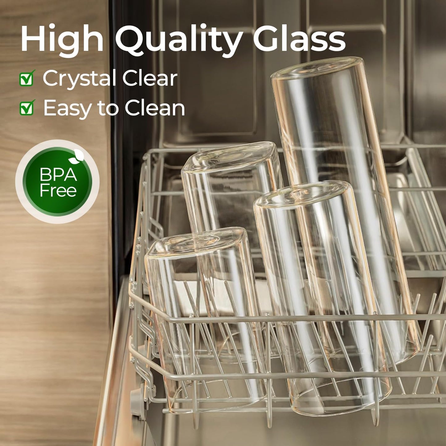 ComSaf Glass Spaghetti Pasta Storage Container with Lids 2 Qt Set of 3, Tall Clear Airtight Food Storage Jar with Wood Cover Kitchen Pantry Storage Container for Noodles Flour Cereal Coffee Beans