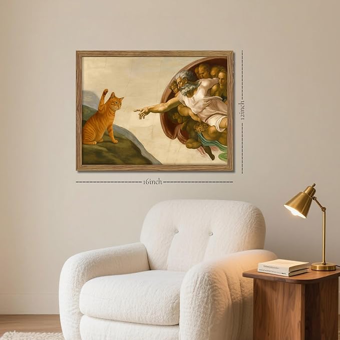 Framed Vintage Cat Canvas Wall Art, Funny Orange Cat Parody Classic Masterpiece Prints, Renaissance-Inspired Animal Artwork, Retro Humorous Wall Decor for Living Room Bedroom Playroom – 12x16 inch