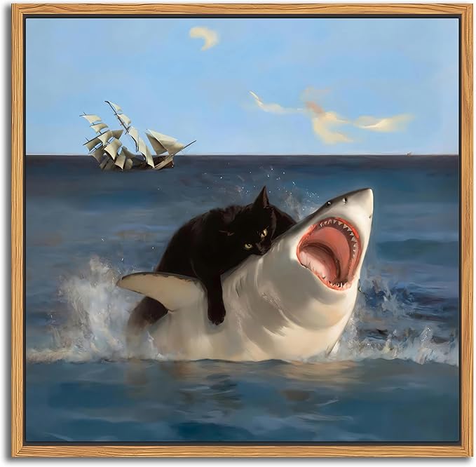 Floating Framed Black Cat Wall Art, Funny Quirky Cat and Shark Pictures Canvas Print, Abstract Black Cat Shark Posters Wall Decor for Room Bedroom Living Room Bathroom Aesthetic 20x20 inch