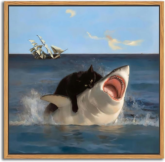 Floating Framed Black Cat Wall Art, Funny Quirky Cat and Shark Pictures Canvas Print, Abstract Black Cat Shark Posters Wall Decor for Room Bedroom Living Room Bathroom Aesthetic 20x20 inch