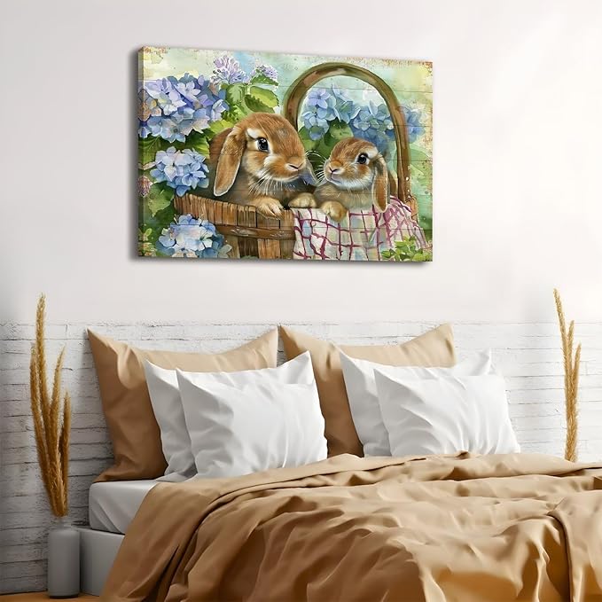 Rabbits Wall Art Easter Wall Decor Blue Flower in Basket Picture Canvas Prints Funny Bunny Poster Vintage Animals Painting Farmhouse Rustic Artwork Kitchen Bedroom Living Room Home Decoration 32x48"