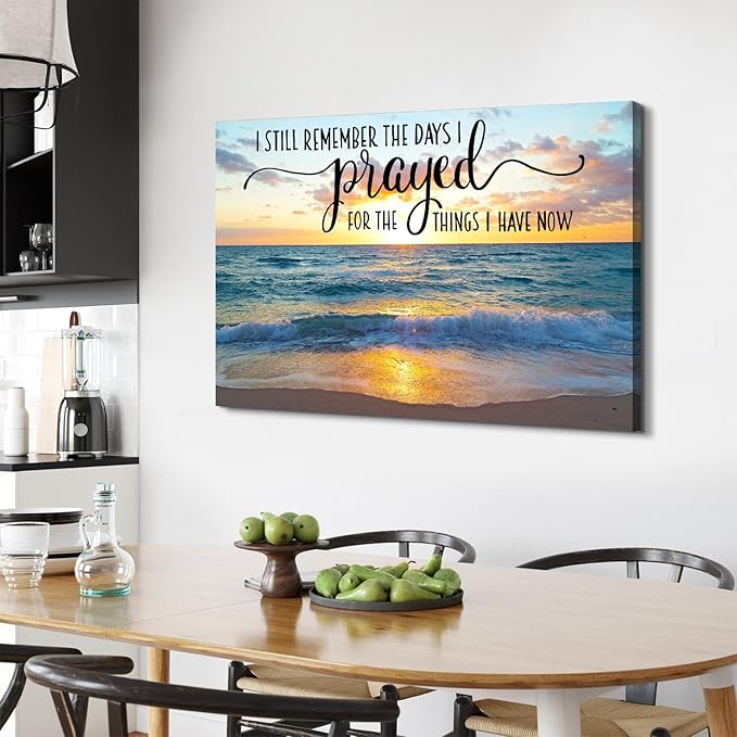 Scripture Wall Art Beach Wall Decor I still Remember The Days I Prayed Canvas Prints Pictures Sunset Ocean Painting Inspirational Religious Artwork for Bedroom Living Room Home Decorations 32x48"