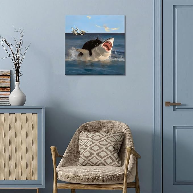 Yaneiro Framed Black Cat Bathroom Wall Art, Funny Quirky Cat and Shark Pictures Canvas Print, Abstract Black Cat Shark Posters Wall Decor for Room Bedroom Living Room Bathroom 20x20 in
