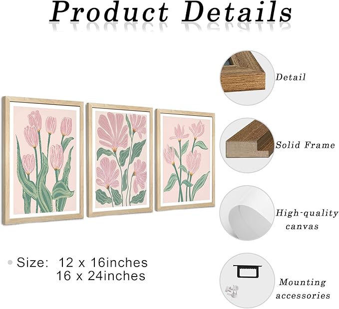 JLTULT 3 Pieces Pink Tulips Floral Wall Art, Boho Pink Green Botanical Wall Decor, Modern Abstract Flowers Paintings Art Prints for Living Room Bedroom Home Office12x16 inch Wood Framed Ready to Hang