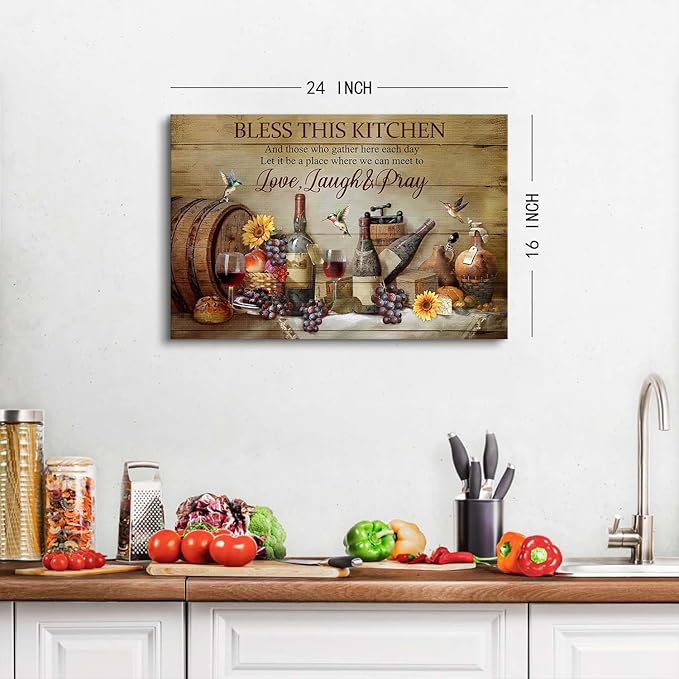 Rustic Kitchen Wall Art Farmhouse Dining Room Decor Wine Wineglass Wall Decor Positive Quotes Picture Canvas Prints Bless This Kitchen Poster Inspirational Painting Artwork Home Decoration 16x24"