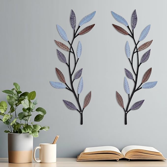 AHYS Metal Tree Leaf Wall Decor 2 PCS Rustic Vine Branch Leaf Wall Art for Living Room Bedroom Bathroom Decorations - Elegant Color