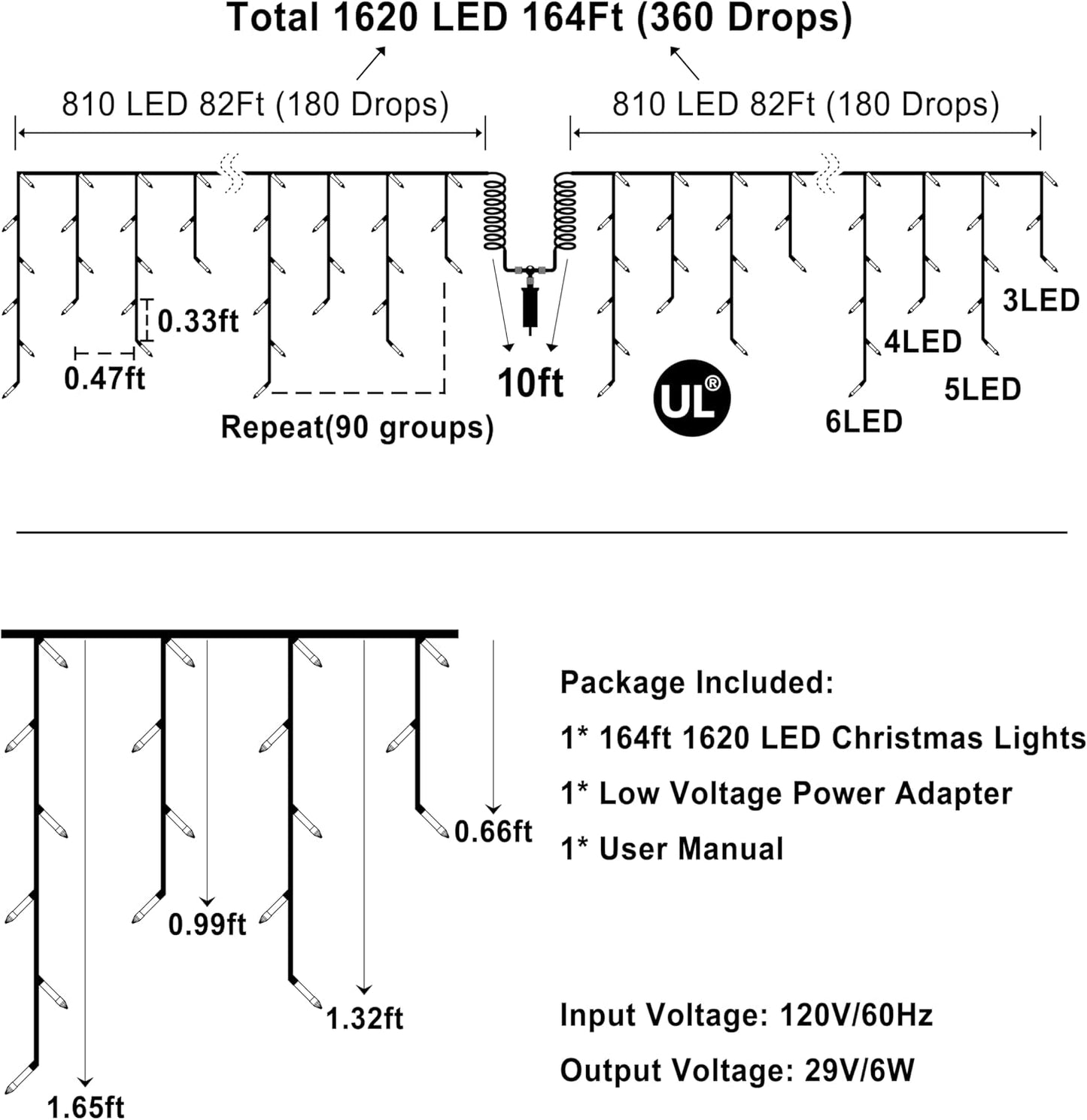 1620 LED Christmas Outdoor Lights with 360 Drops, 164ft Hanging Curtain Lights with 8 Modes Timer & Memory, Waterproof Christmas Fairy Lighs for House Holiday Wedding Christmas Decor Blue & Cool White