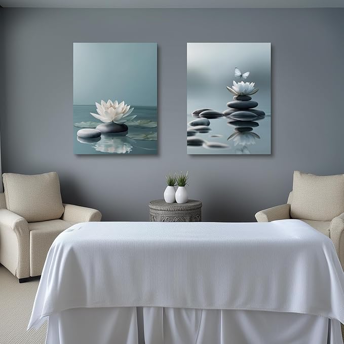 GELDSTEI Calm Zen Botanical Canvas Wall Art, White Lotus Blooming on Stones in Water Aesthetic Pictures, Yoga Spa Meditation Room Decor, Modern Spiritual Poster Prints for Zen Office Framed Set of 3, Each 16x24 Inch