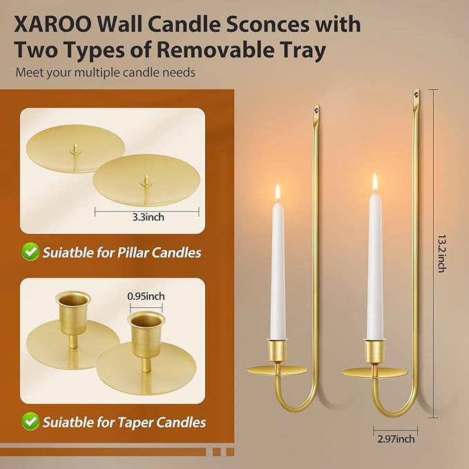 Gold Candle Sconces Set of 2, 13.2 Inch Taper & Pillar Wall Candle Holder, Wall Candle Sconces Set of Two, Decor for Entryway, Fireplace, Living Room, Gifts for Women Men
