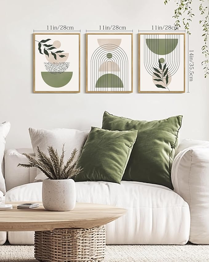 Drsoum Green Botanical Boho Wall Art Framed Modern Sage Bohemian Plant Wall Decor Abstract Geometry Lines Prints Ready to Hang 11x14in Natural Framed