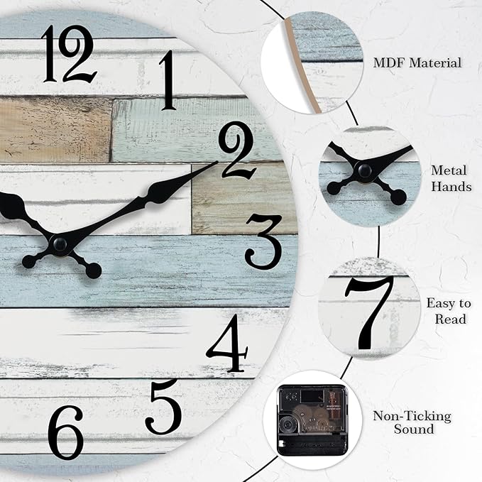 Wall Clock Battery Operated 18 Inch Large Silent Non Ticking Coastal Design Country Rustic Retro Decorative for Bathroom Kitchen Living Room Bedroom
