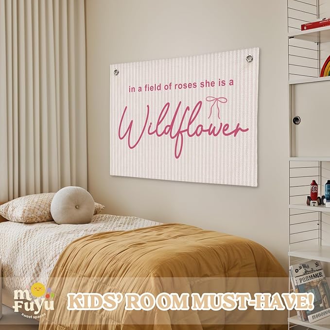 Wildflower Nursery Decor, Girls Room Decor, In a Field Full of Roses She Is a Wildflower Pink Bows Coquette Linen Canvas Banner,for Little Girl 30x20 Inch