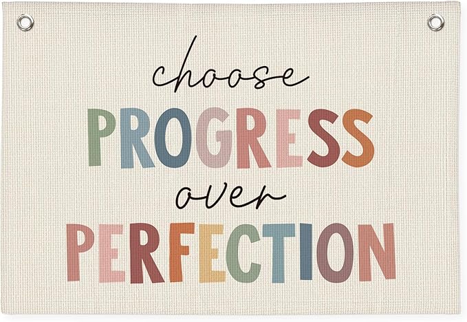 Boho Classroom Decor, Progress Over Perfection Banner, Positive Motivational Linen Banner Wall Hanging Canvas Flag for School Playroom Classroom