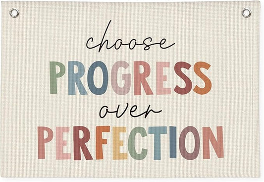 Boho Classroom Decor, Progress Over Perfection Banner, Positive Motivational Linen Banner Wall Hanging Canvas Flag for School Playroom Classroom