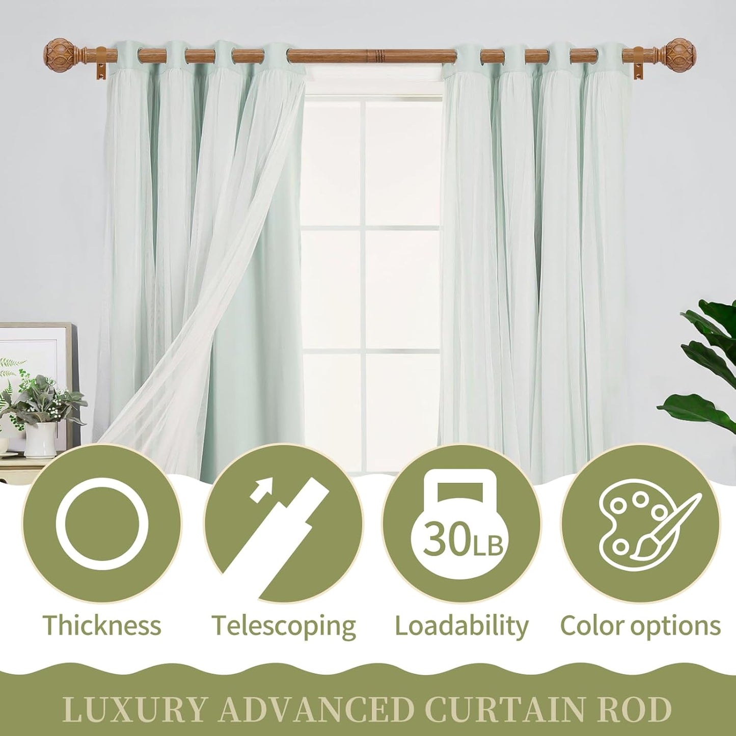 Wood Boho Curtain Rods for Windows:36-88Inch Wooden Farmhouse Curtain Rod for Bedroom Living Room,Heavy Duty Adjustable Rustic Decorative Drapery Rods with Vintage Imitation Wood Finial,Brown