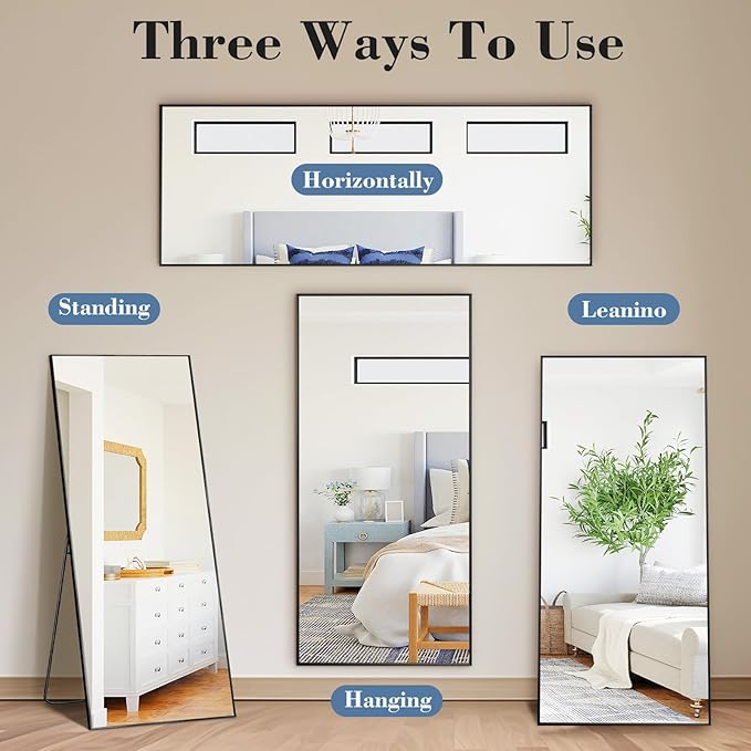 DUMOS Full Length Mirror with Stand, 58"x19" Floor Mirror with Aluminum Alloy Frame for Bedroom, Standing Full Body Mirror with Shatter-proorf Nano Glass for Wall, Living Room, Cloakroom, Black