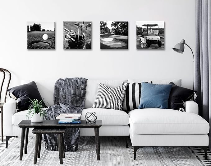 DJSYLIFE Golf Decor Golf Course Wall Art - Sport Poster Black and White Canvas Prints Picture for Modern Home Office Men Bedroom Decoration Stretched and Framed Ready to Hang 12"X12"X4