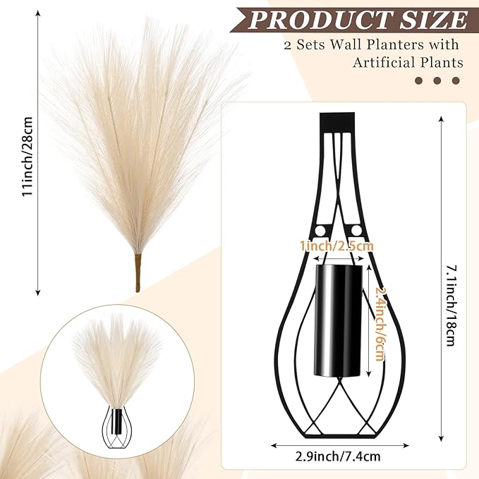 Otoolling 2 Pieces Hanging Plant Wall Decor with Artificial Pampas Grass Metal Hanging Vase Modern Geometric Farmhouse Bohemian Wall Art for Living Room Bedroom Kitchen Bathroom Office (Black, Beige)