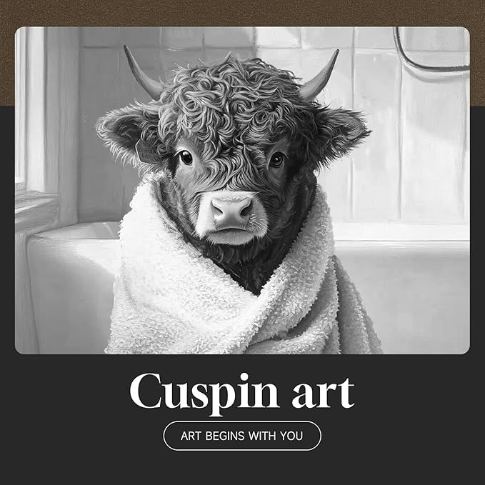 Framed Funny Highland Cow Bathroom Wall Art, 4 Piece Black and White Canvas Painting Prints, Fun Western Cow on Toilet in Bathtub Picture for Western Rustic Farmhouse Bathroom Home Decor, 11x14 Inch