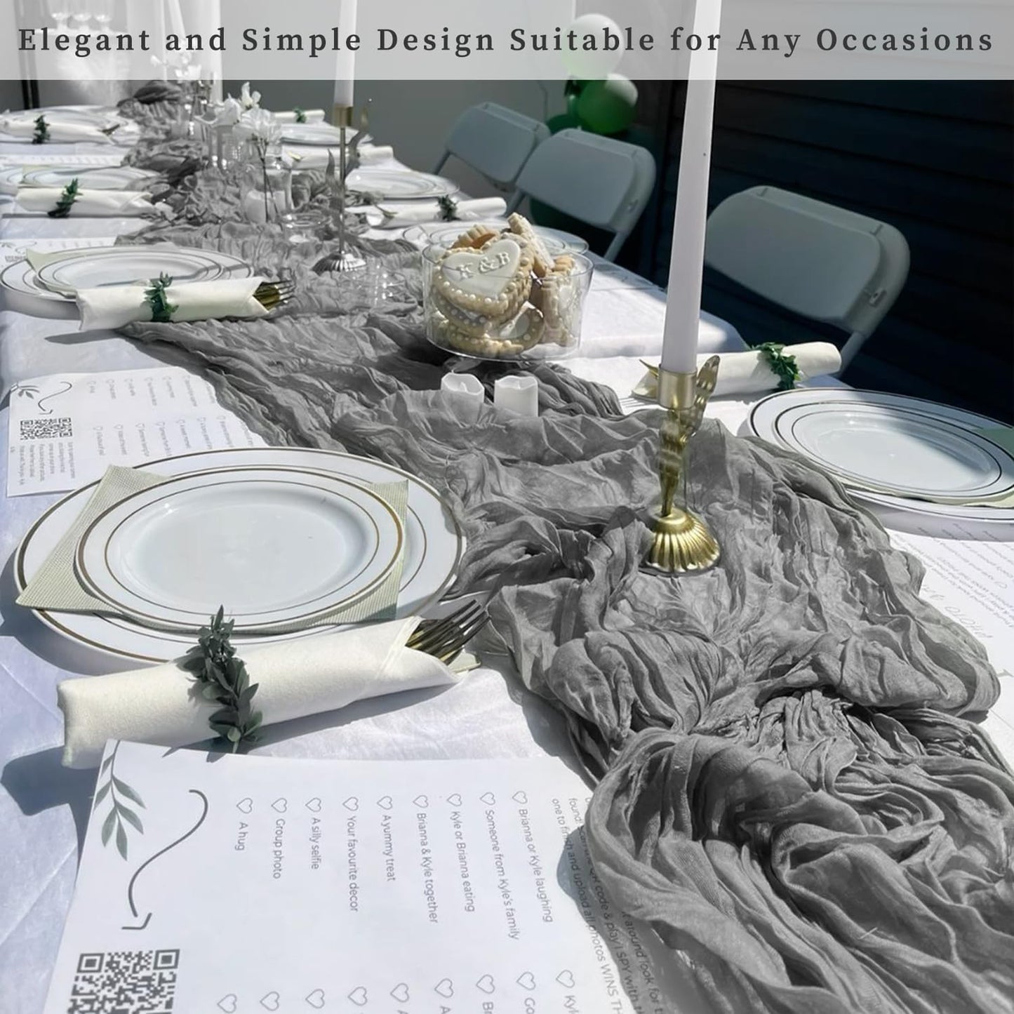 12 Pack Gray 10FT Cheesecloth Table Runner Rustic Gauze Fabric Cheese Cloth Table Runner for Wedding Bridal Baby Shower Table Decor 20 x 120 Inch Long Boho Sheer Birthday Party Table Decorations