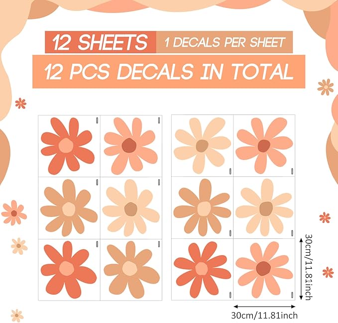 TaoBary 12 Sheet Daisy Wall Sticker Decal Removable Cute Daisy Bedroom Room Decor Flower Wall Sticker Pink White Flower Decal Wallpaper Peel and Stick for Nursery Home(Orange,Colorful Classic Style)
