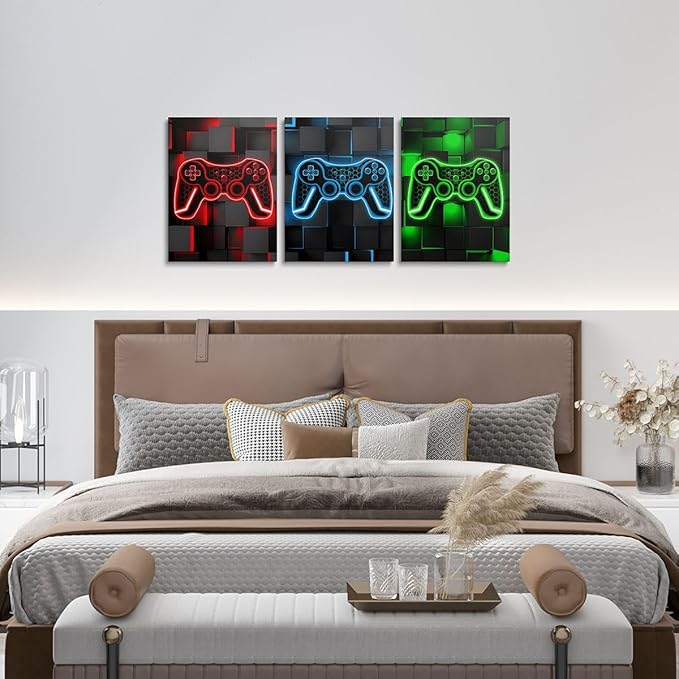 Feelyou Gamer Canvas Wall Art for Living Room 12"x16" 3 Piece Red and Black Picture Wall Decor Green Gaming Ombre Office Wall Decorations Artwork Posters Blue Geometric Square Wall Painting