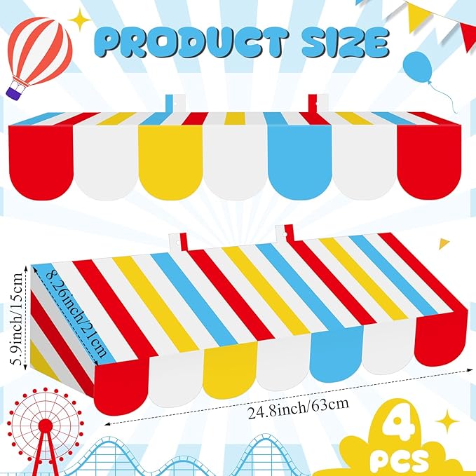 Tallew 4 Pcs 3D Circus Awning Wall Decoration Carnival Awning for Halloween Carnival Theme Party Classroom Decorations(Red, Yellow, Blue and White)