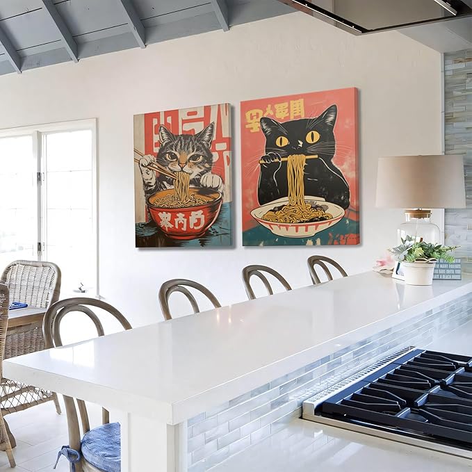Framed Funny Black Cat Canvas Wall Art Set of 2, Vintage Japanese Cat Eating Ramen Poster, Unique Gifts and Animal Lover Printing Picture for Living Room Kitchen Dining Room Wall Decor 16x24 Inch