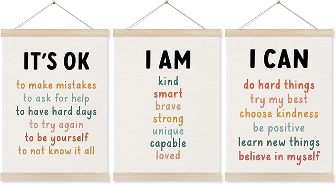 Koesus Inspirational Classroom Wall Art Poster Hanger Frame 12x16 Inch Set of 3, Positive Affirmations for Kids, Motivational Canvas Pictures Prints Framed Wall Decor for Classroom Kids Room Playroom