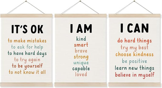 Koesus Inspirational Classroom Wall Art Poster Hanger Frame 12x16 Inch Set of 3, Positive Affirmations for Kids, Motivational Canvas Pictures Prints Framed Wall Decor for Classroom Kids Room Playroom