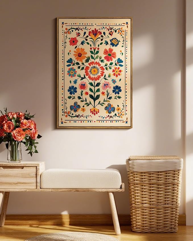 Vintage Floral Framed Canvas Wall Art 16x24 Colorful Flower Painting, Tropical Botanical Nature Boho Bright Vibrant Floral Print, Mexican Traditional Latin Bedroom Home Office Décor