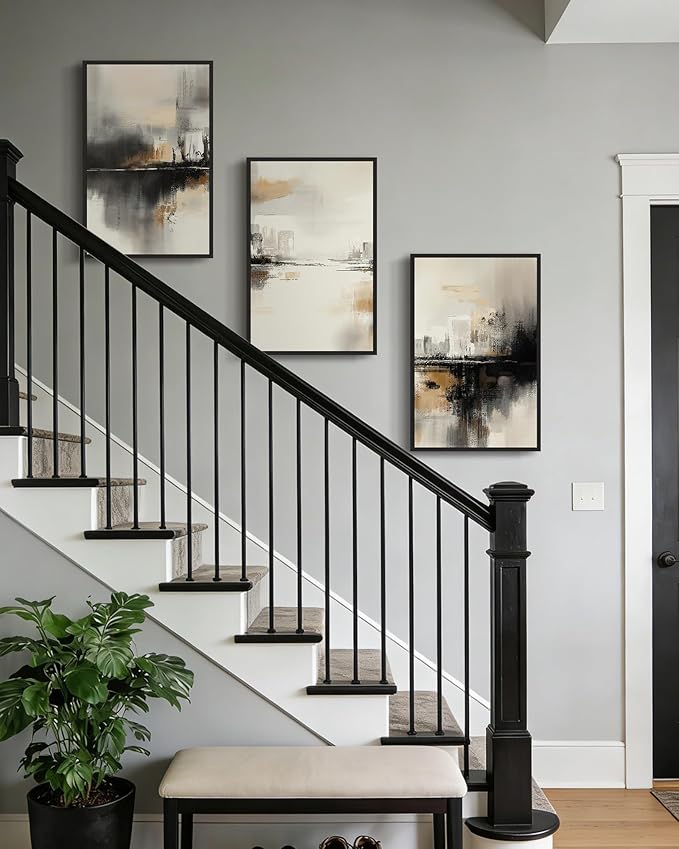Drsoum Vintage Black Gray Abstract Wall Art Framed Brown Tan Neutral Prints Minimalist Modern Rustic Artwork Bedroom Living Room Ready to Hang 16x24in Black Framed