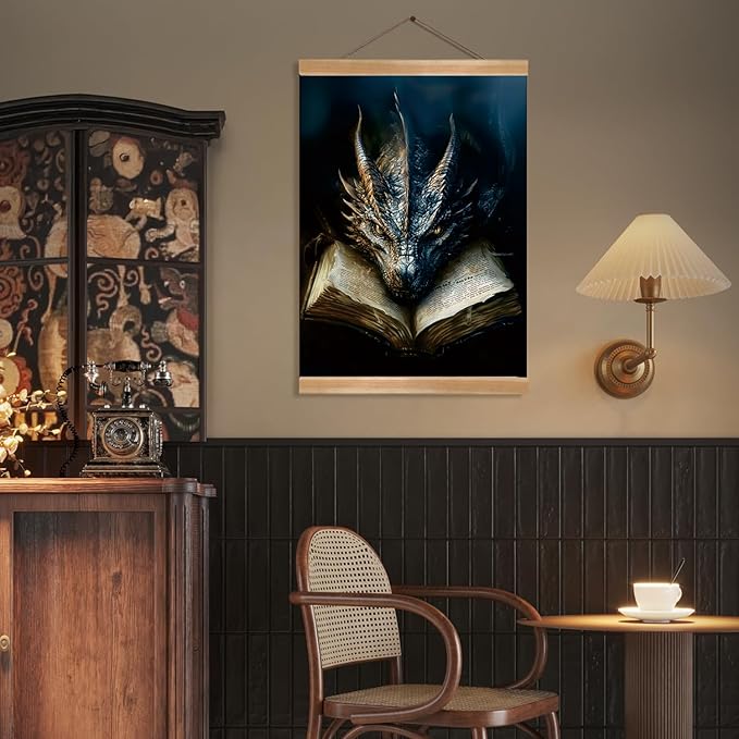 ZTGDA Book Dragon Wall Art,Dark Academia Vintage Poster, Gothic Canvas Print for Book Lovers, Fantasy Wall Decor for Bedroom, Library or Office, Mysterious Bookworm Gift(dragon)
