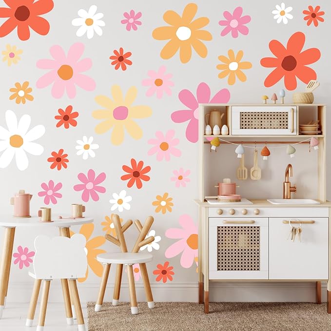 TaoBary 12 Sheet Daisy Wall Sticker Decal Removable Cute Daisy Bedroom Room Decor Flower Wall Sticker Pink White Flower Decal Wallpaper Peel and Stick for Nursery Home(Orange,Lovely Style)