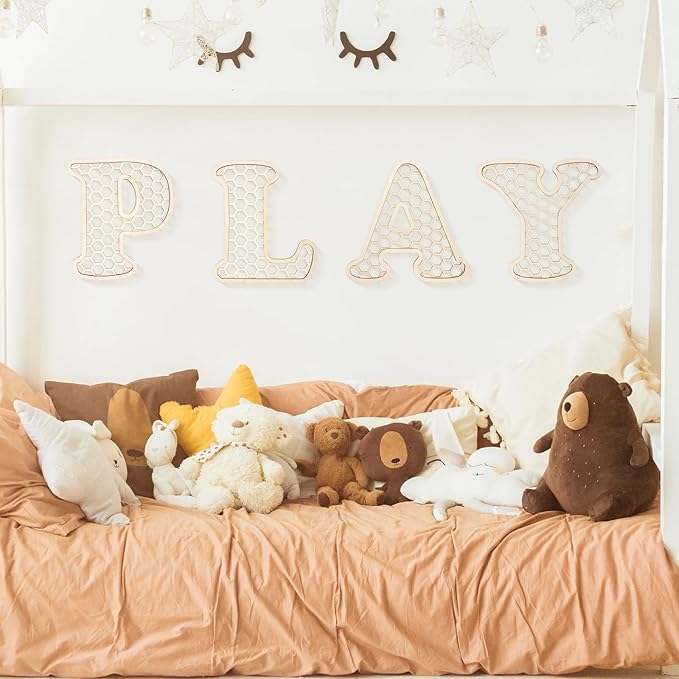 Play Sign - 12 In Wooden Rattan Letters Playroom Sign, Playroom Wall Decor for Toddler Girls Boys, Play Room Wall Decor for Kids Playroom Nursery Room Decorations