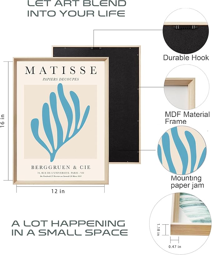 KensTro Framed Wall Art,Matisse Wood Canvas Blue Wall Art,12"x16" Cotton Pattern Vintage Poster Wall Decor Aesthetic for Living Room Bedroom,12x16in Henri Matisse Minimalist Wood Frame Prints,Set of 3