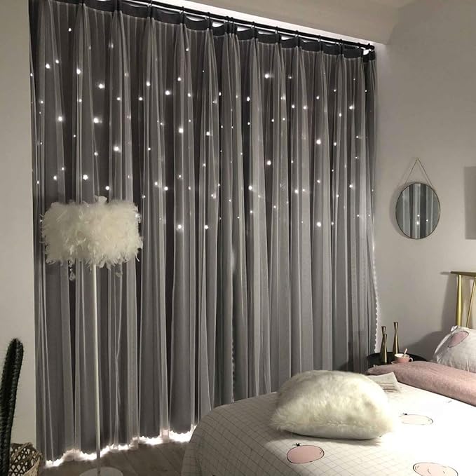 UNISTAR 2 Panels Stars Blackout Curtains for Bedroom Girls Kids Baby Window Curtain Double Layer Star Cut Out Aesthetic Living Room Decor Wall Home Decorations Curtain,W52 x L84 Inches,Grey