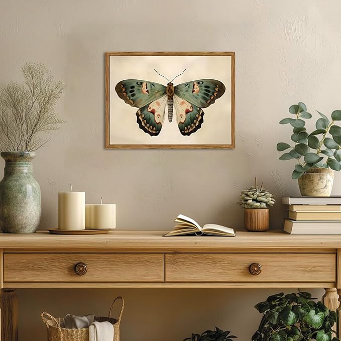 Framed Vintage Butterfly Canvas Wall Art, Moody Insect Wall Decor Paintings, Cottagecore Moth Artwork Pictures Prints Antique Home Decor for Living Room Bedroom Bathroom 12x16 inch
