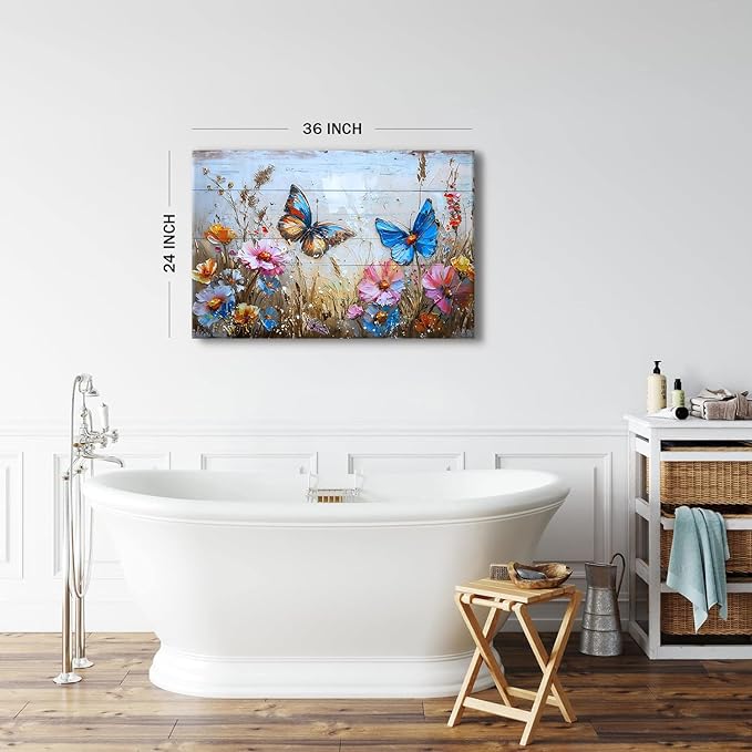 Wildflower Canvas Wall Art Butterfly Picture Wall Decor Rustic Floral Prints Poster Colorful Flowers Painting Abstract Nature Floral Landscape Artwork for Kitchen Living Room Home Decoration 24x36"