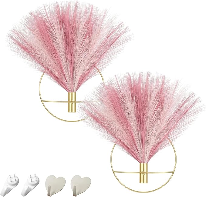 Pretty Jolly Boho Wall Decor - Hanging Artificial Pampas Display, Metal Wall Art for Living Room, Bedroom, Bathroom, Dining Room - Plant Decor 2 Pack, Ice Pink, Dark Pink, Gold