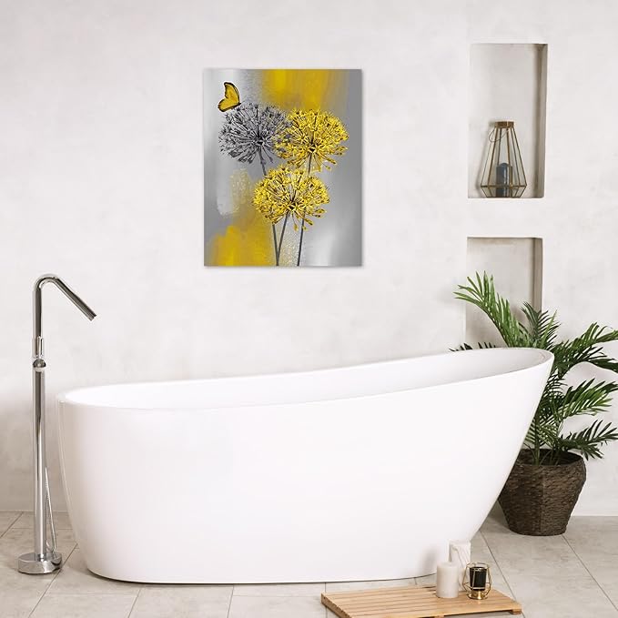 LB Yellow Dandelion Canvas Wall Art Yellow Grey Dandelion with Butterfly on Modern Abstract Wall Art Aesthetic Wall Decor for Living Room Bedroom Bathroom Office Framed Ready to Hang 20L x 16W