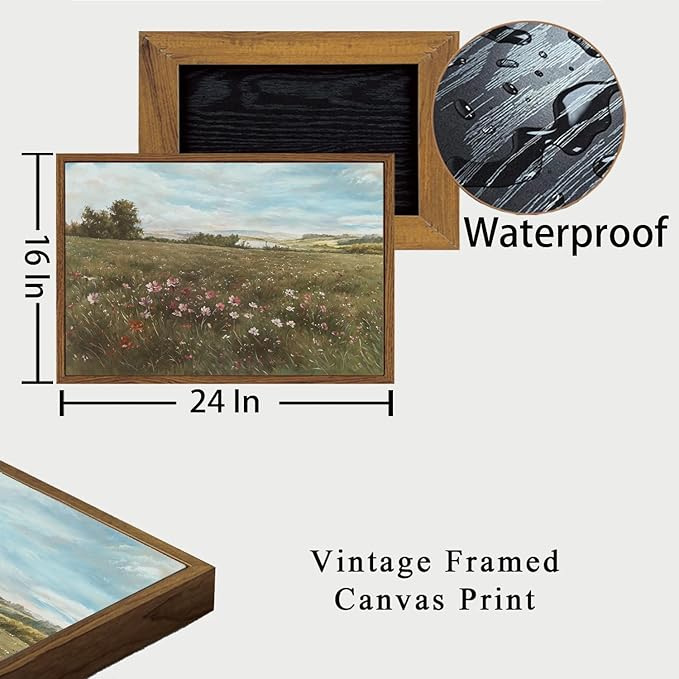 OIQArtOIQ Vintage Landscape Framed Wall Art Summer Countryside Wildflower Canvas Art Prints Farmhouse Cottagecore Pictures Wall Decor Rustic Meadow Paintings Artwork For Kitchen Bedroom Living Room