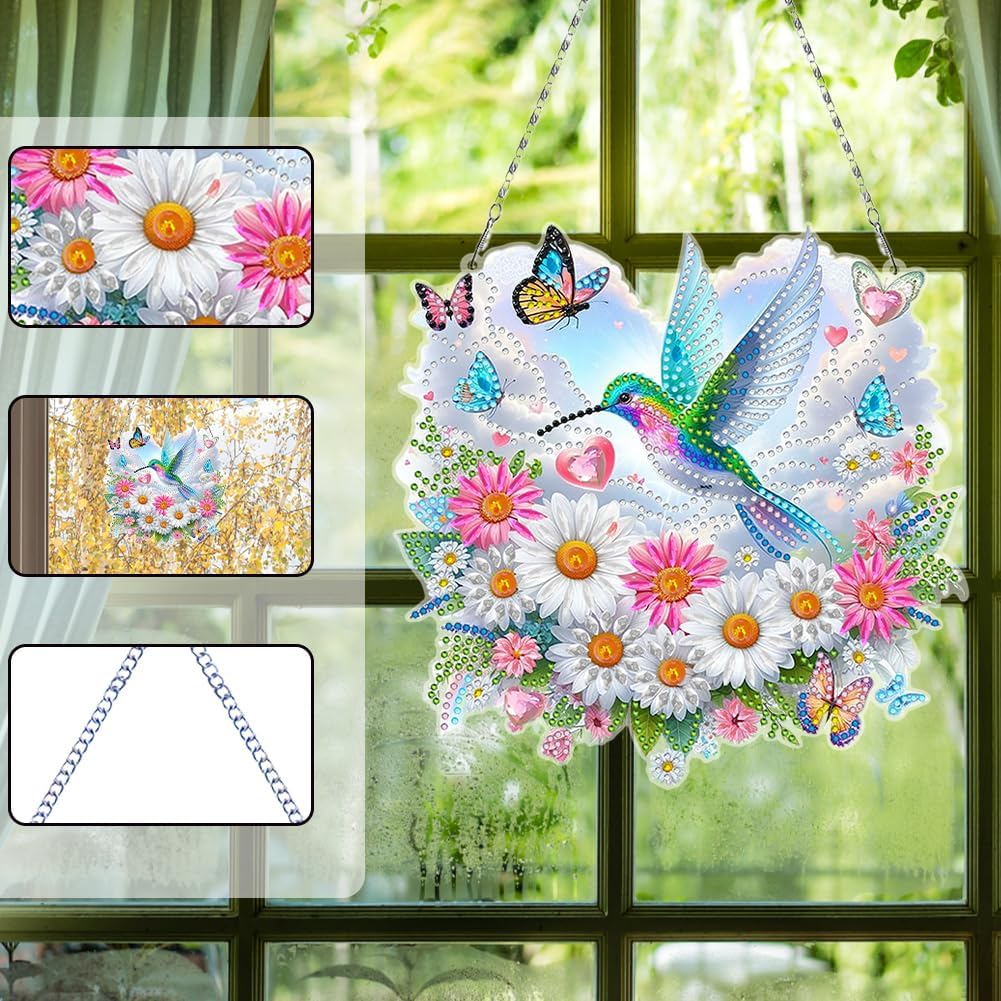 Flowers Hummingbird Diamond Art Kits,5D Diamond Hanging Ornament Kits,DIY Special Shaped Diamond Dot Kits,Home Porch Crystal Hanging Pendant Ornament (Colorful4)