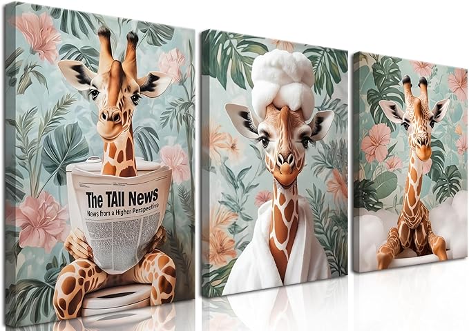 Funny Animal Bathroom Wall Art Set of 3, Cute Giraffe in Toilet Reading Newspaper Wall Decor Paintings Eclectic Giraffe Bathroom Canvas Prints Artwork 16x24 inch Framed